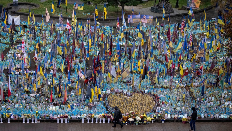 A makeshift memorial grows in Ukraine’s capital after 1,000 days of war